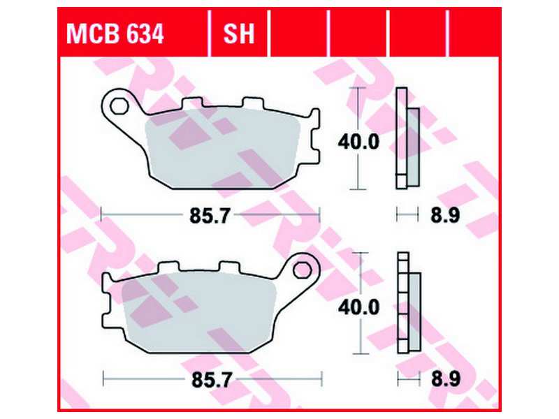 TRW Bremsbeläge für Motorräder 198789 Set, für eine Bremsscheibe!
Dicke/Stärke [mm]: 8,9, Höhe [mm]: 40, Breite [mm]: 85,7