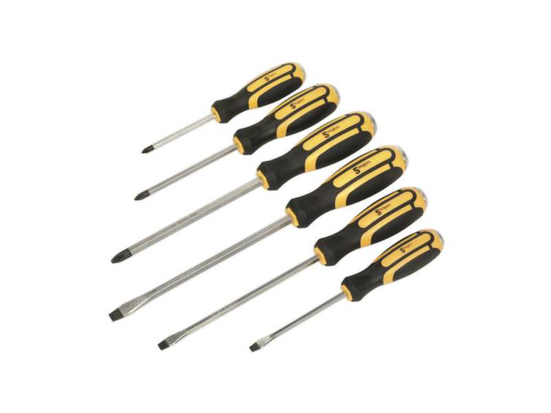 SEALEY Screwdriver Set 330476 Set, 6 pieces, CR-VA, hardened, beatable end, hexagonal stem, comfortable soft grip, flat: 5.5 x 100, 6.5 x 150, 8 x 175mm, Phillips: #1 x 75, #2 x 100, # 3 x 150mm