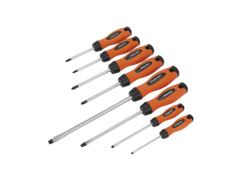 SEALEY Screwdriver Set 330467 Set, 8 pieces, hi-vis orange, CR-va, magnetized mountain, orange-colored handle, flat: 3 x 75, 4 x 100, 6 x 150, 8 x 200mm, Phillips: #1 x 75, #2 X 100mm, Positive: #1 x 75, #2 x 100mm