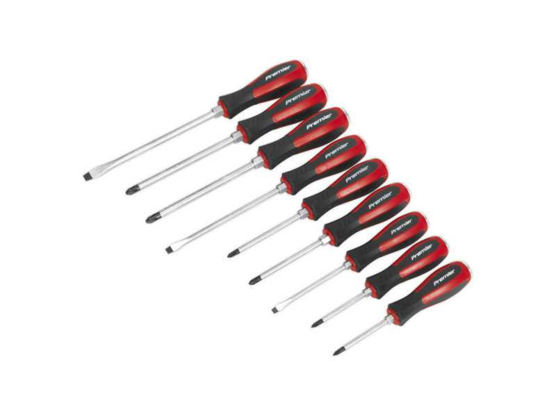 SEALEY Screwdriver Set 330441 Set, 9 pieces, CR-VA, premiere, hardened, hit end, hexagonal neck, flat: 5 x 100, 6 x 150, 8 x 175mm, Phillips: #1 x 75, #2 x 100, #3 x 150mm, posi: #1 x 75, #2 x 100, #3 x 150mm