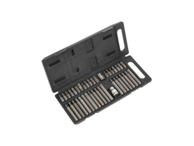 SEALEY Bitkopf Satz 330402 40 dB Set, CR-VA, 3/8 "und 1/2" Adapter, Torx-Bits: T20, T25, T30, T40, T45, T50, T55 (Länge: 30 & 75 mm), Hex-Bits: 4, 5, 6, 7, 8, 10, 12 mm (Länge: 30 & 75 mm), Spline -Bits: M5, M6, M8, M10, M12 (Länge: 30 & 75 mm)