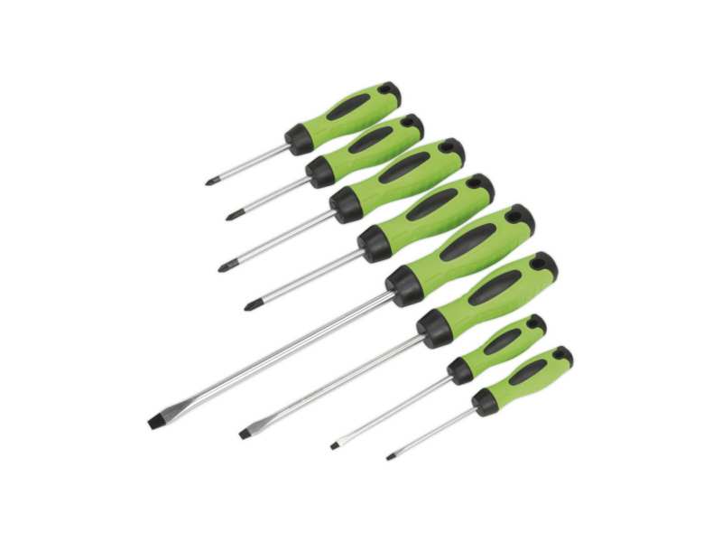 SEALEY Screwdriver Set 330464 Set, 8 pcs, Hi-Vvis Green, CR-VA, Magnetized Mount X 100mm, Positive: #1 x 75, #2 x 100mm