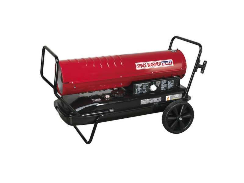 SEALEY Electric heater 331268 It is also recommended to buy the 348169 Unix item! Space Warmer®, fan, fuel: paraffin / kerosene / diesel, 63kW 230V, 49 liter tank max. Allows 8 hours of operating time to well ventilated places with wheels