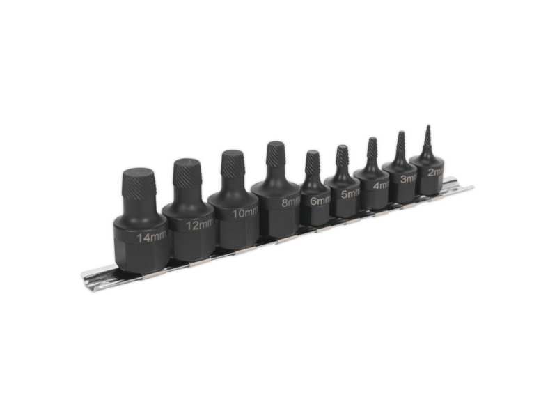 SEALEY Screw extractor set 332397 Drive: 3/8 "SQ/17mm hex, length: 36mm, size: 2, 3, 4, 5, 6mm, drive: 1/2" SQ/22mm hex, length: 45mm, size: 8, 10, 12, 14mm