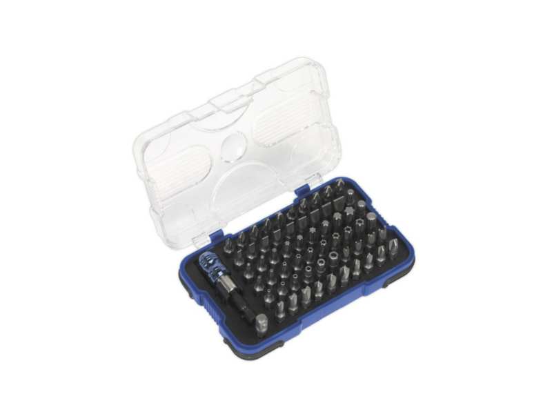 SEALEY Bit set 330374 62 db short bit, flat (x9), phillips screwdriver (x5), posi screwdriver (x5), TRX-STAR (x9), security TRX-Star (X9), Furkatos hex-Metric (x6), butterfly (X3 ), key (x4), ribbed (x3), torx (x3), tri-wing (x4), automatic quick bit, 1/4 "SQ drive adapter (x2)