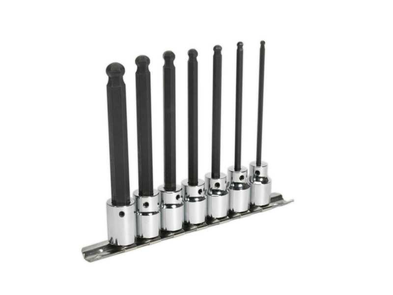 SEALEY Bit socket kit 332676 7 pcs set, CR-VA, heat-treated S2 steel, 3/8 "metric, length (110mm) spherical head-head adapter (caterpillar screws interchangeable bit heads): 3, 4, 5, 6, 7, 8, 10mm + durable rail