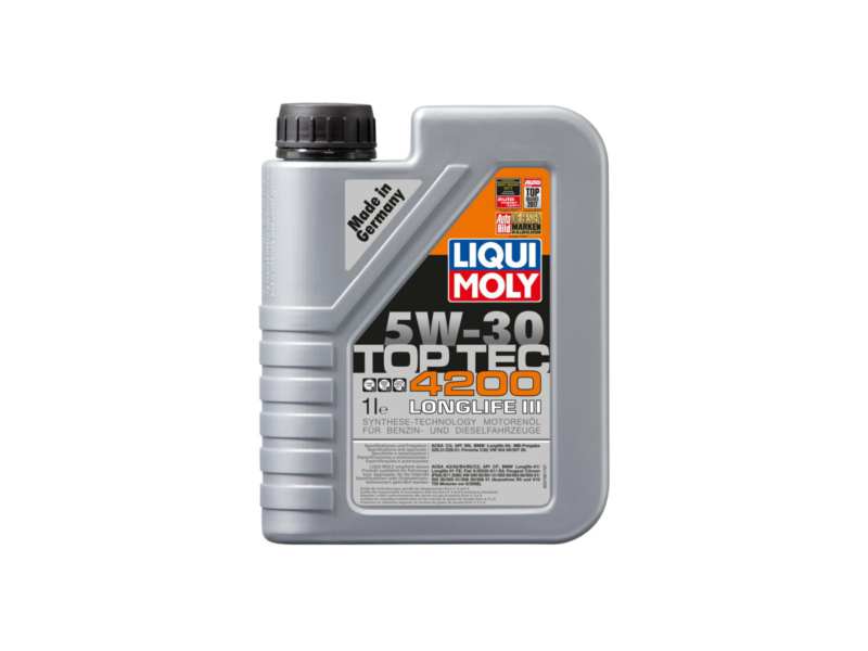 LIQUI-MOLY Motorenöl 603221 Top TEC 4200 (synthetisch), 5W-30, 1L
Inhalt [Liter]: 1, Gebindeart: Kanister, Viskositätsklasse nach SAE: 5W-30, Spezifikation nach ACEA: C3, Spezifikation nach API: SP, Herstellerfreigabe: BMW Longlife-04, MB Freigabe 229.52, MB Freigabe 229.51, MB Freigabe 229.31, Opel  OV0401547-D30, Opel OV0401547-G30, Porsche C30, VW 504 00, VW 507 00, VW 504 00/507 00, Ölherstellerempfehlung: ACEA C2, BMW Longlife-01, BMWLonglife-01 FE, Fiat 9.55535-S1, Fiat 9.55535-S3, GWM, HAVAL, VW 502 00, VW 500 00,