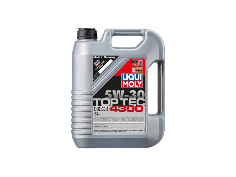 LIQUI-MOLY Motorenöl 604228 Top TEC 4300 (halbsynthetisch), 5W-30, 5L
Inhalt [Liter]: 5, Gebindeart: Kanister, Viskositätsklasse nach SAE: 5W-30, Spezifikation nach ACEA: C2, Herstellerfreigabe: PSA B71 2290, Ölherstellerempfehlung: Fiat 9.55535-S1, Honda, Hyundai, Infiniti, Kia, Lexus, Mitsubishi, Nissan, Subaru, Suzuki, Toyota
Kann aus Gründen der Qualitätssicherung nicht zurückgenommen werden!