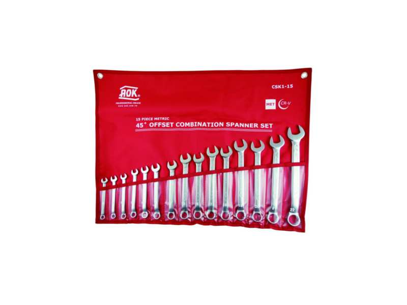 AOK Sterngabelschlüssel-Satz 348629 15 Stücke gesetzt, metrisch, cr-va, Größen: 8, 9, 10, 11, 12, 13, 14, 15, 16, 17, 18, 19, 20, 21, 22 mm, 45 ° Sternkopf in Plastikhalter