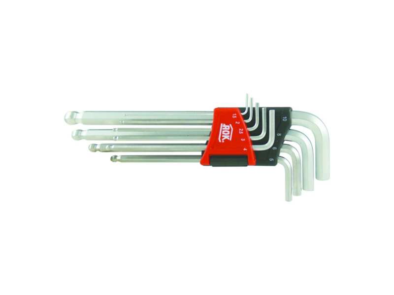 AOK Allen key set 348773 9 pcs set, spherical head, long, dimensions: 1.5, 2, 2.5, 3, 4, 5, 6, 8, 10 mm, in plastic holder