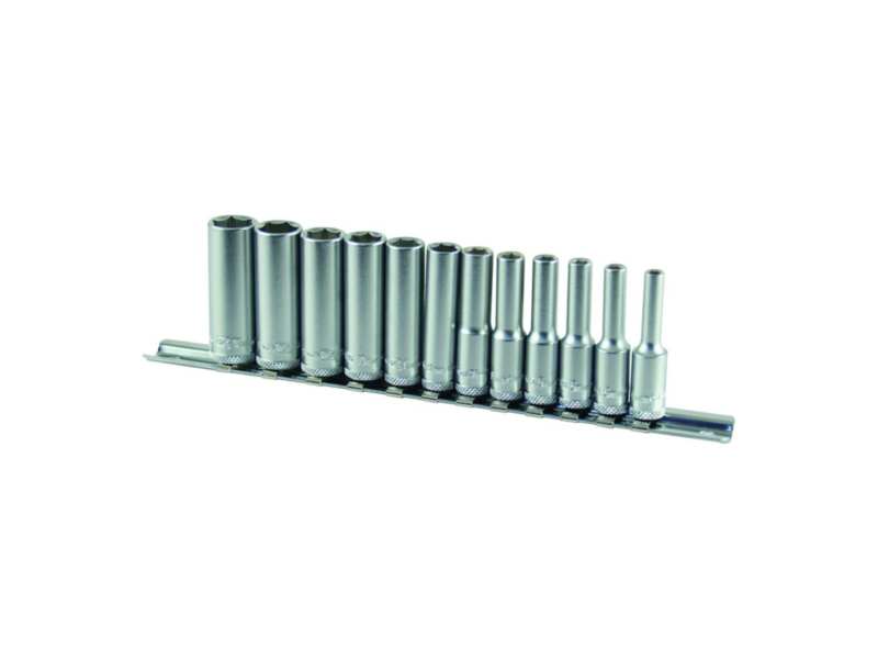 AOK Steckschlüsselkopfsatz 348727 1/4 ", 12 Stücke Set, sechseckige, verlängerte Größen: 4, 4,5, 5, 5,5, 6, 7, 8, 9, 10, 11, 12, 13 mm, cr-va