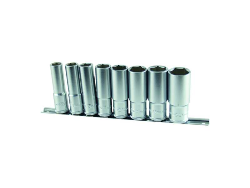 AOK Steckschlüsselkopfsatz 348729 1/2 ", 8 Stücke Set, sechseckell, erweitert, Größen: 13, 14, 15, 17, 19, 21, 22, 24 mm, CR-VA