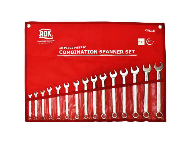 AOK Combination spanner kit 348631 15 pieces set, metric, CR-VA, sizes: 7, 8, 9, 10, 11, 12, 13, 14, 15, 16, 17, 18, 19, 20, 21 mm, in plastic holder