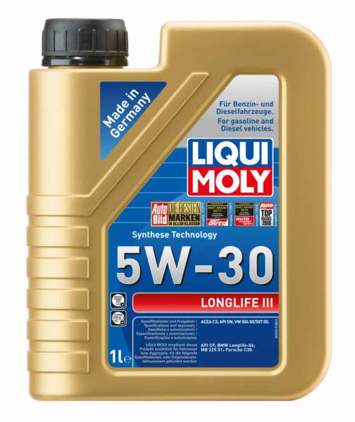 LIQUI-MOLY Motorenöl 604282 Länge [cm]: 58, Inhalt [Liter]: 1, Gebindeart: Kanister, Viskositätsklasse nach SAE: 5W-30, Spezifikation nach ACEA: C3, Spezifikation nach API: CF, SN, Herstellerfreigabe: VW 504 00, VW 507 00, Öl-Herstellerempfehlung: BMW Longlife-04, MB 229.51, Porsche C30 
Inhalt [Liter]: 1, Gebindeart: Kanister, Viskositätsklasse nach SAE: 5W-30, Spezifikation nach ACEA: C3, Spezifikation nach API: SN, Herstellerfreigabe: API SN, BMW Longlife-04, VW 507 00, VW 504 00/507 00, VW 504 00, Ölherstellerempfehlu