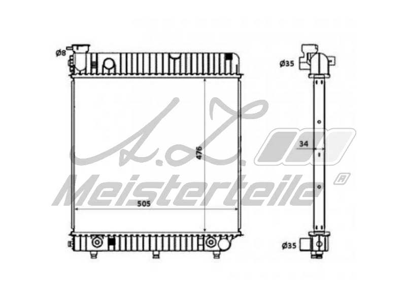 A.Z. MEISTERTEILE Radiator 10401712 Cooling fins material: Aluminium, Core Depth [mm]: 40, Core Length [mm]: 472, Core Width [mm]: 499, Inlet O [mm]: 35, Outlet O [mm]: 35, Radiator type: Brazed cooling fins, Supplementary Article/Info 2: without cap, with expansion tank, Supplementary Article/Supplementary Info: with oil cooler, without gasket/seal, Water Tank Material (radiator): Plastic