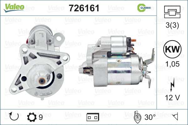 VALEO Starter 635433 renewed
Service exchange part: , Voltage [V]: 12, Rated Power [kW]: 1,05, Number of Teeth: 9, Number of Holes: 3, Number of thread bores: 3, Rotation Direction: Clockwise rotation, Position / Degree: L  30, Clamp: NO, Weight [kg]: 5,15 1.