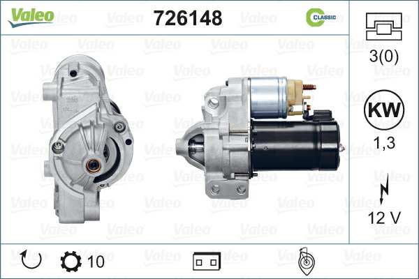 VALEO Starter 635420 renewed
Service exchange part: , Voltage [V]: 12, Rated Power [kW]: 1,3, Number of Teeth: 10, Number of Holes: 3, Rotation Direction: Clockwise rotation, Clamp: NO, Weight [kg]: 3,1 1.