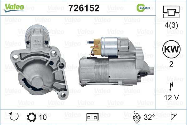VALEO Starter 635424 renewed
Service exchange part: , Voltage [V]: 12, Rated Power [kW]: 2, Number of Teeth: 10, Number of Holes: 4, Number of thread bores: 3, Rotation Direction: Clockwise rotation, Position / Degree: R  32, Clamp: NO, Weight [kg]: 3,55 1.