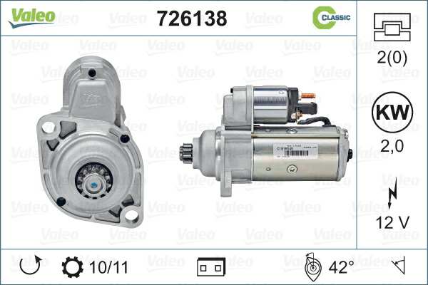 VALEO Starter 635410 renewed
Service exchange part: , Voltage [V]: 12, Rated Power [kW]: 1,7, Number of Teeth 1: 10, Number of Teeth 2: 11, Number of Holes: 2, Rotation Direction: Anticlockwise rotation, Position / Degree: L  42, Clamp: NO, Weight [kg]: 4,04 1.