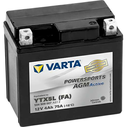 VARTA Batterie 10426118 Gefüllt mit Elektrolyten!
Spannung [V]: 12, Batterie-Kapazität [Ah]: 4, Kälteprüfstrom EN [A]: 75, Polanordnung: 0, Bodenleistenausführung: B00, Länge [mm]: 113, Breite [mm]: 70, Höhe [mm]: 105, Batterie: AGM-Batterie Technische Information: Einbauwinkel bis 90 Grad Höchste Vibrationsfestigkeit Werkseitig aktiviert 3-fache Zyklenlebensdauer