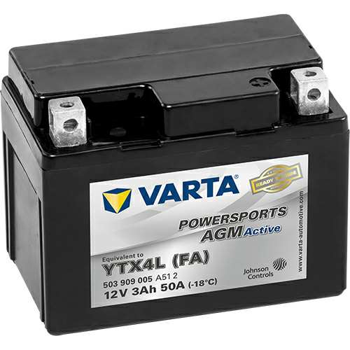 VARTA Batterie 10426119 Gefüllt mit Elektrolyten!
Spannung [V]: 12, Batterie-Kapazität [Ah]: 3, Kälteprüfstrom EN [A]: 50, Polanordnung: 0, Endpolart: Y4, Bodenleistenausführung: B00, Länge [mm]: 113, Breite [mm]: 70, Höhe [mm]: 87, Batterie: AGM-Batterie Technische Information: 3-fache Zyklenlebensdauer