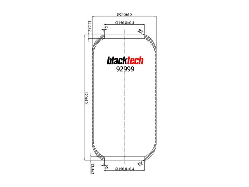 BLACKTECH Gummielement Luftfeder 10769547 Einbauposition: Vorderachse, Länge [mm]: 466, Innendurchmesser [mm]: 151, Außendurchmesser [mm]: 240