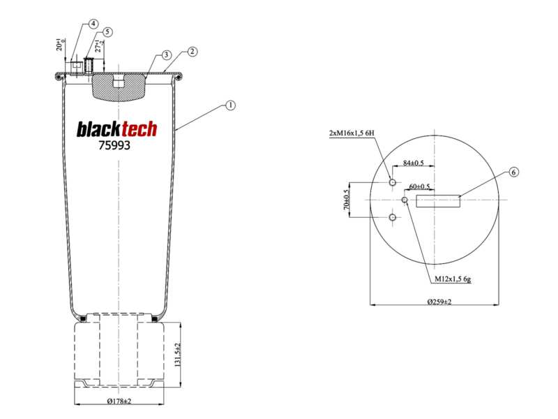 BLACKTECH Air spring semi complet 10769743 Fitting Position: Rear Axle, External Thread 1 [mm]: M12 x 1,5, External Thread 2 [mm]: M16 x 1,5, Length [mm]: 506, Axle: 1st RA, Outer Diameter [mm]: 235