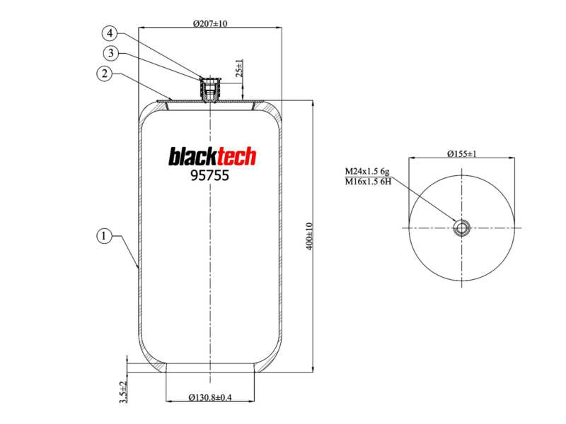 BLACKTECH Gummielement Luftfeder 10769935 Dicke/Stärke [mm]: 392, Außendurchmesser [mm]: 210, 155, Außengewindemaß: M24 x 1,5, M16 x 1,5, Einbauposition: Vorderachse links, Vorderachse rechts, Ergänzungsartikel/Ergänzende Info: ohne Kolben