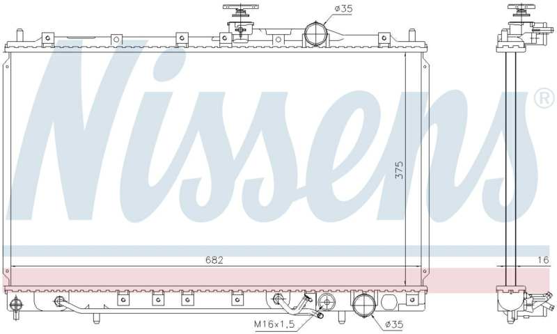 NISSENS Radiator 10371870 Core Length [mm]: 375, Core Width [mm]: 682, Core Depth [mm]: 16, Cooling fins material: Aluminium, Water Tank Material (radiator): Plastic, Radiator type: Brazed cooling fins