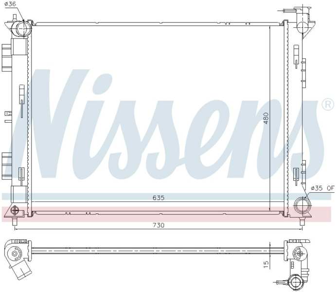 NISSENS Radiator 10400156 Core Length [mm]: 480, Core Width [mm]: 635, Core Depth [mm]: 15, Cooling fins material: Aluminium, Water Tank Material (radiator): Plastic, Radiator type: Brazed cooling fins