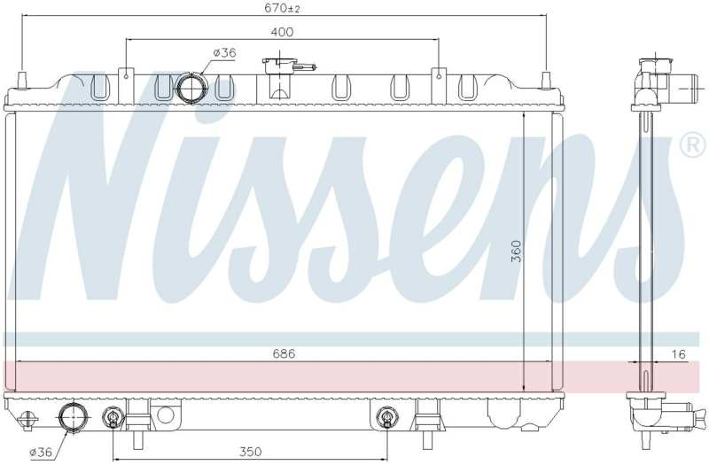 NISSENS Radiator 10400204 Core Length [mm]: 360, Core Width [mm]: 686, Core Depth [mm]: 16, Cooling fins material: Aluminium, Water Tank Material (radiator): Plastic, Radiator type: Brazed cooling fins