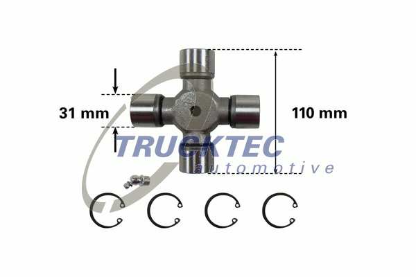 TRUCKTEC AUTOMOTIVE Kreuzgelenk 10008406 31 x 110 mm
Gelenkdurchmesser [mm]: 110, Zapfendurchmesser [mm]: 31, Gelenkart: Kreuzgelenk