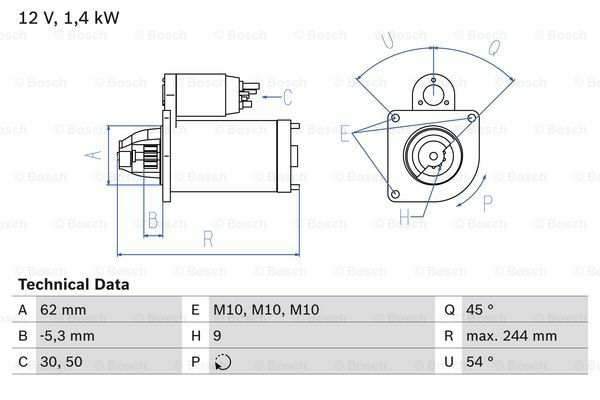 BOSCH Starter 482022 Überholt
Spannung [V]: 12, Starterleistung [kW]: 1,4, Anzahl der Befestigungsbohrungen: 0, Anzahl der Gewindebohrungen: 3, Zähnezahl: 9, Klemme: 50, 30, Flansch-O [mm]: 62, Drehrichtung: Drehrichtung im Uhrzeigersinn, Ritzel-Grundposition [mm]: -5,3, Starterausführung: eigengelagert, Gewindemaß: M10, Gewindemaß 1: M10x1.5, Gewindemaß 2: M10x1.5, Länge [mm]: 244, Lage/Grad: links, Befestigungswinkel [Grad]: 54, Winkelmaß Maulöffnung [Grad]: 45, Winkelmaß Befestigungsbohrung [Grad]: 54