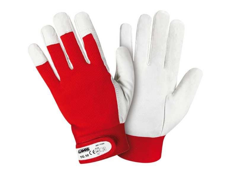 LAMPA Labour safety gloves 11025516 Pork leather gloves - size 10, white/red, with elastic wrists and velcro fastener, 100% cotton back, approval: CE EN 388 - EN 420 1.