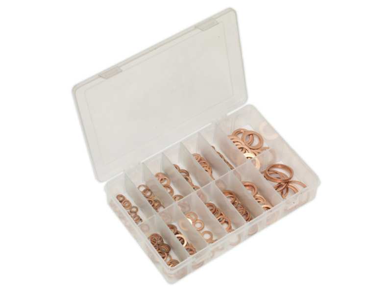 SEALEY Washer set 11025779 Set, 200 pieces/pack, copper, metric, content: (approximate quantity) Id x od x thickness, d: 5 x d: 9 x 1 (x20), 6 x 10 x 1 (x20), 6 x 12 x 1 (x20), 8 x 12 x 1 (x20), 8 x 14 x 1 (x20), 10 x 14 x 1 (x20), 10 x 16 x 1 (x20), 12 x 16 x 1.5 (x15) , 12 x 18 x 1.5 (x15), 14 x 18 x 1.5 (x15), 14 x 20 x 1.5 (x15), 16 x 20 x 1.5 (x10), 16 x 22 x 1 , 5 (x10), 18 x 22 x 1.5 (x10), 18 x 24 x 1.5 (x10), 20 x 26 x 1.5 mm (x10)