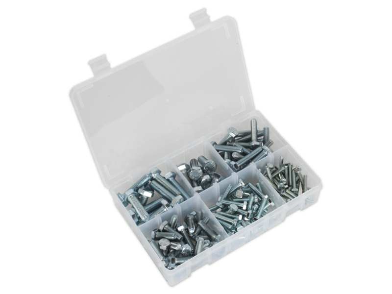 SEALEY Screw kit 11025789 150 pcs/pack, metric M5-M10 High tensile DIN 933, content: (approximate amount) diameter x length: m5 x 25 (x40), m6 x 25 (x40), m8 x 25 (x28), m8 x 40 (x20 ), M10 x 25 (x8), m10 x 40 mm (x14)