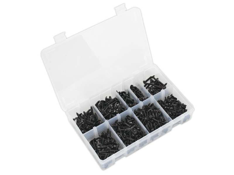 SEALEY Blechschraube 11025867 Set, 700 PCs/Paket, Schwarz, Felge, Kreuzbar, Inhalt: (ungefähre Menge) Durchmesser x Länge, 3,5 x 10 (x160), 3,5 x 19 (x160), 4,2 x 13 (x160), 4,2 x 19 (x60) , 4,2 x 25 (x30), 4,8 x 13 (x30), 4,8 x 16 (x30), 4,8 x 19 (x30), 4,8 x 25 mm (x40).