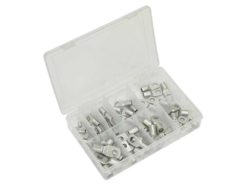 SEALEY Leitungsverbinder 11025856 Set, 52 PCs/Paket, drückenbares Kupferkorn, enträtseln, Inhalt: (ungefähre Menge) Kabelgröße x Lochgröße, 10 mm2 x d: 8 mm (x6), 16 mm2 x 8 mm (x6), 25 mm2 x 6 mm (x5) 25 mm2 x 8 mm (x5), 35 mm2 x 8 mm (x5), 35 mm2 x 10 mm (x5), 50 mm2 x 8 mm (x5), 50 mm2 x 10 mm (x5), 70 mm2 x 10 mm (x5), 70 mm2 x 12 mm (x5)