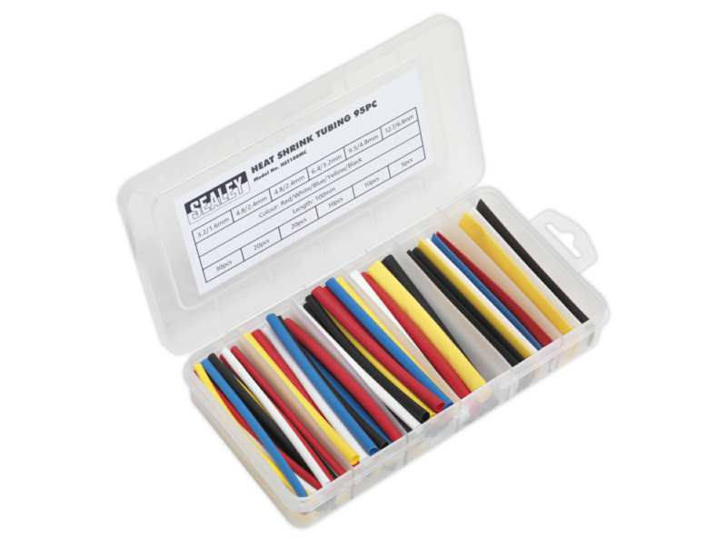 SEALEY Shrinking tube 11025935 Set, 95pcs, 100mm, D: 3.2 (30pcs), D: 4.8 (40pcs), D: 6.4 (10pcs), D: 9.5 (10pcs), D: 12.7 mm (5pcs), colors: black, blue, red, white, yellow