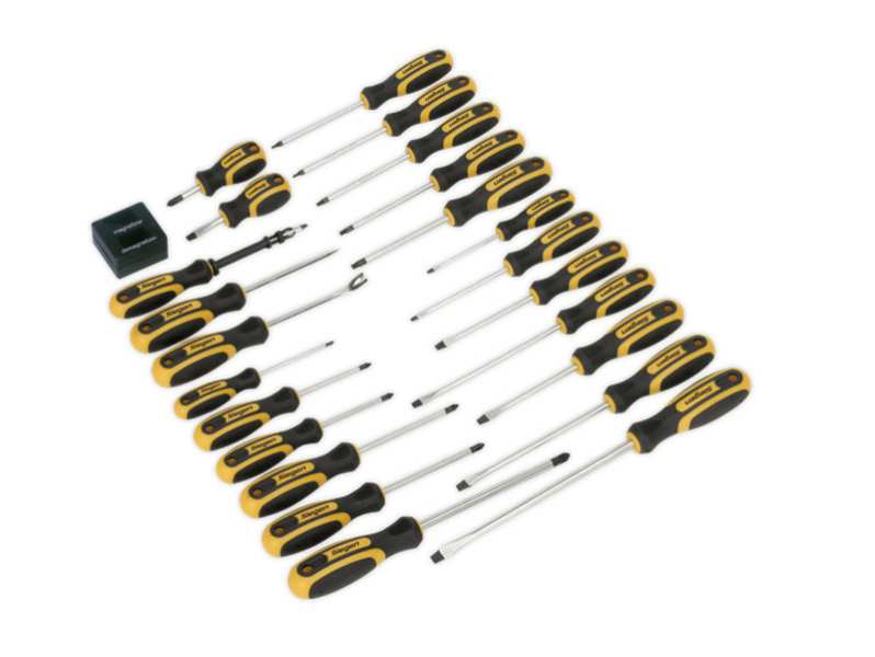 SEALEY Screwdriver Set 11053702 Set, 24 pieces, CR-VA, hardened chrome, magnetized mountain, classic impact resistant black handle, flat: 3.2 x 75, 4 x100, 4 x 110 (hexagonal neck), 5 x 100, 5 x 150, 6 x38, 6 x 100, 6 x 150, 8 x 200, Phillips: #0 x 75, #1 x 75, #2 x 38, #2 x 100, #3 x 150mm, Positive: #0 x 75, #2 x 100 100 , TRX-Star: T10 x 100, T15 x 100, T20 x 100, T25 x 100, T30 x100mm, patent with drawing needle, magnetizer