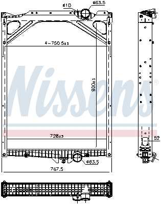 NISSENS Radiator 11119118 Cooling fins material: Aluminium, Core Depth [mm]: 52, Core Length [mm]: 900, Core Width [mm]: 728, Radiator type: Brazed cooling fins, Supplementary Article/Info 2: with frame, Water Tank Material (radiator): Plastic