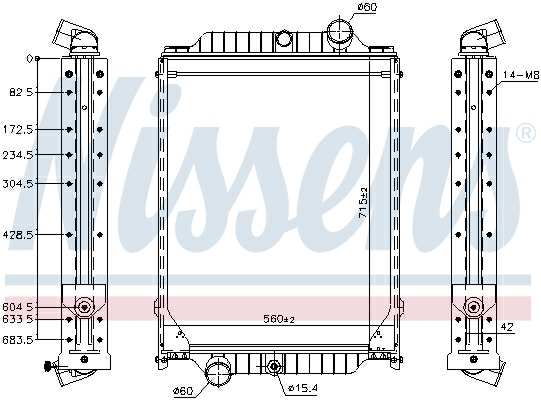 NISSENS Radiator 11119125 Cooling fins material: Aluminium, Core Depth [mm]: 40, Core Length [mm]: 715, Core Width [mm]: 548, Inlet O [mm]: 60, Outlet O [mm]: 60, Radiator type: Brazed cooling fins, Supplementary Article/Info 2: without expansion tank, with frame, Supplementary Article/Supplementary Info: without gasket/seal, Water Tank Material (radiator): Plastic