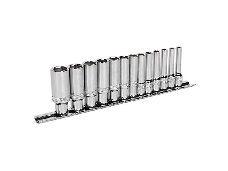 SEALEY Socket bit set 330912 1/4 ", 13 pieces, 6-leaf, Lock-on, CR-VA 6142, Long head sizes: 4, 4.5, 5, 5.5, 6, 7, 8, 9, 10, 11, 12, 13, 14mm, with a holder