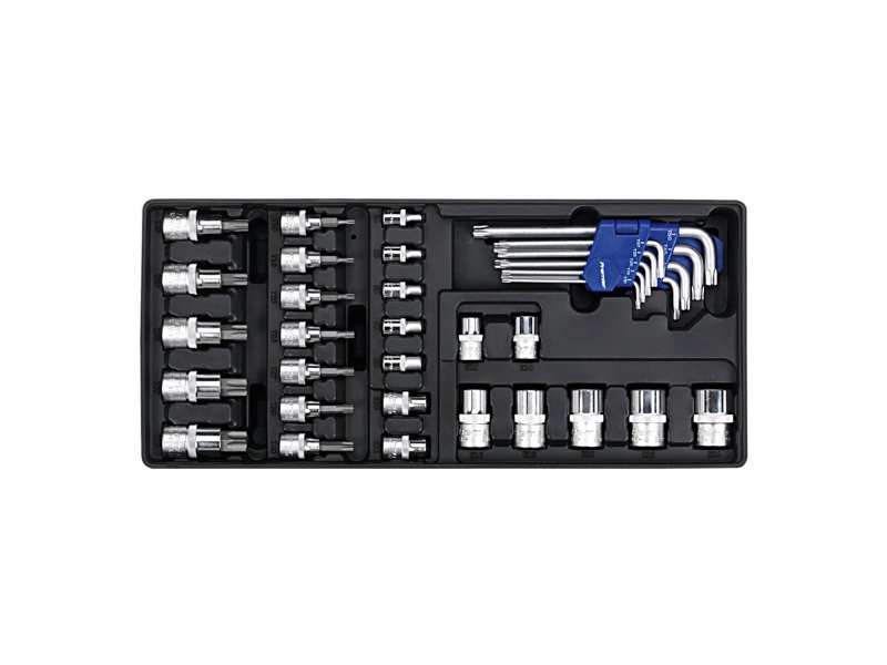 SEALEY Bit socket kit 332375 35 pcs set, Torx L-Site: T10, T15, T20, T25, T27, T30, T40, T50, Hex-Spring Key 3/8 ": T10, T15, T20, T25, T27, T30, T30 T40, hex-plug head 1/2 ": T50, T50, T50, T60, T70, Pock Wrench Head Torx 1/4": E4, E5, E6, E7, E8, Pock Wrench Head Torx 3/8 ": E10, E11 , E12, E14, plug head Torx 1/2 ": E16, E18, E20, E22, E24