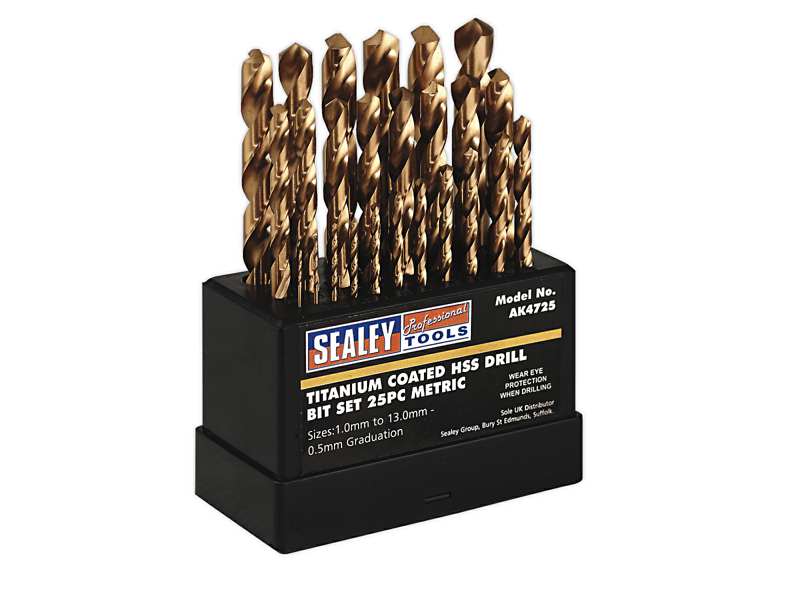 SEALEY Drill bit 11025792 Set, 25 pcs/pack, HSS, DIN 338 metric, content: 1, 1.5, 2, 2.5, 3, 3.5, 4, 4.5, 5, 5.5, 6, 6.5 , 7, 7.5, 8, 8.5, 9, 9.5, 10, 10.5, 11, 11.5, 12, 12.5, 13 mm