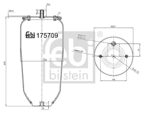 SWAG/FEBI Air spring complet (trailer) 11148763 Thickness [mm]: 495, Outer Diameter [mm]: 228, External Thread Size: M12 x 1,75, M8 x 1,25, M12 x 1,5, M22 x 1,5, Supplementary Article/Supplementary Info: without piston