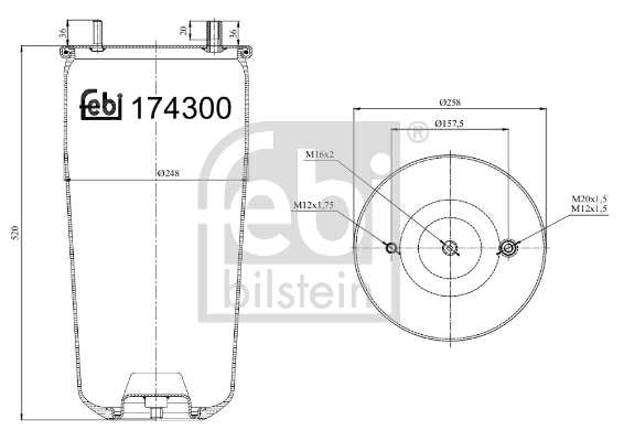 SWAG/FEBI Air spring semi complet (trailer) 11148756 Thickness [mm]: 520, Outer Diameter [mm]: 258, 157, External Thread Size: M20 x 1,5, M12 x 1,5, M12 x 1,75, M16 x 2, Supplementary Article/Supplementary Info: without piston