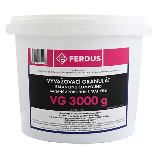 FERDUS Granulat zum Auswuchten von Rädern 11201332 VG Balanceverbindung (Pulver) 3000 g, VG -Ausgleichsmischung ermöglicht eine einfache und äußerst effektive Ausgleich von Reifen. Es erhöht die Lebensdauer des Reifens um bis zu 30%, verringert die Wellenvibrationen und den Kraftstoffverbrauch. Die VG Balancing -Mischung eignet sich hauptsächlich zum Ausgleich von LKW-, Bus-, Feld- und Straßenmotorradreifen.
Kann aus Gründen der Qualitätssicherung nicht zurückgenommen werden!