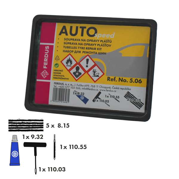 FERDUS Pannenreparaturset 11201210 Auto Speed ??Repair Kit, Gummi -Reparatur -Kit für Autos. Inventargehalt: 1 x 9.32 - Vulkanisierende Flüssigkeit D 4 ml, 1 x 110.03 - Brt203 Einfügenwerkzeug, Metall, 1 x 110,55 - Ersatzreinigungsdatei, 10 x 8,15 - OK 100/5-6 Reparaturfaser Reparaturfasern
Kann aus Gründen der Qualitätssicherung nicht zurückgenommen werden! 1.