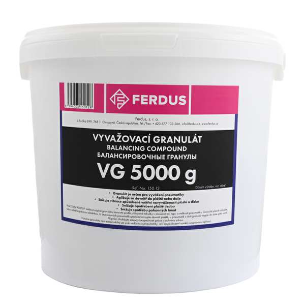 FERDUS Wheel balancing compound 11201333 VG Balancing Compound (Powder) 5000 g, VG Balancing Mixture allows easy and extremely effective balancing of tires. It increases the life of the tire by up to 30%, reduces shaft vibrations and fuel consumption. The VG balancing mixture is primarily suitable for balancing truck, bus, field and road motorcycle tires.